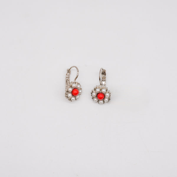 Mariana Silver Tone Red & White Small Flower Dangle Earrings