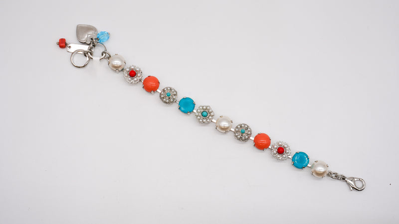 Mariana Silver Tone Bracelet featuring Coated Pearl, Coral, Light Turquoise and Sea Green Stones