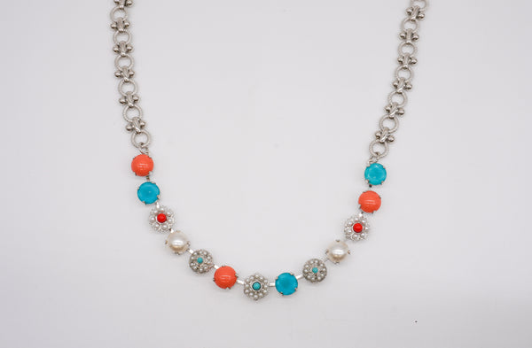 Mariana Silver Tone Coated Pearl, Coral, and Sea Green Fancy Necklace