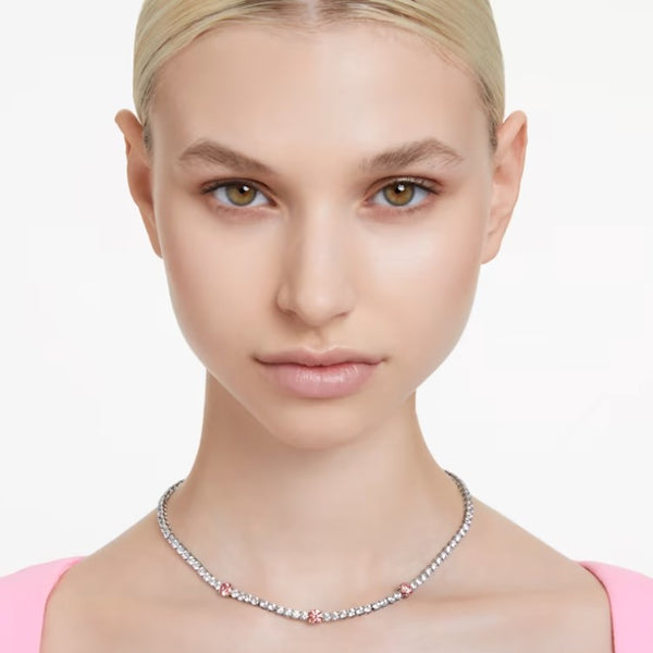 Swarovski Matrix Tennis Necklace with Clear & Pink Stones - Rhodium Plated