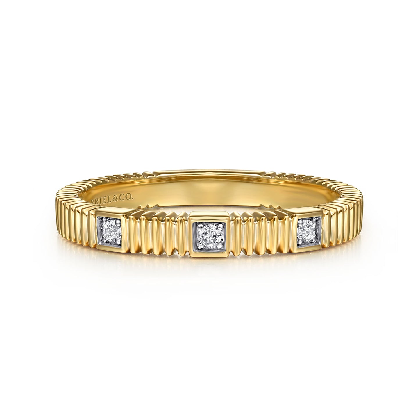14K Yellow Gold Diamond Station With Diamond Cut Texture Stackable Band