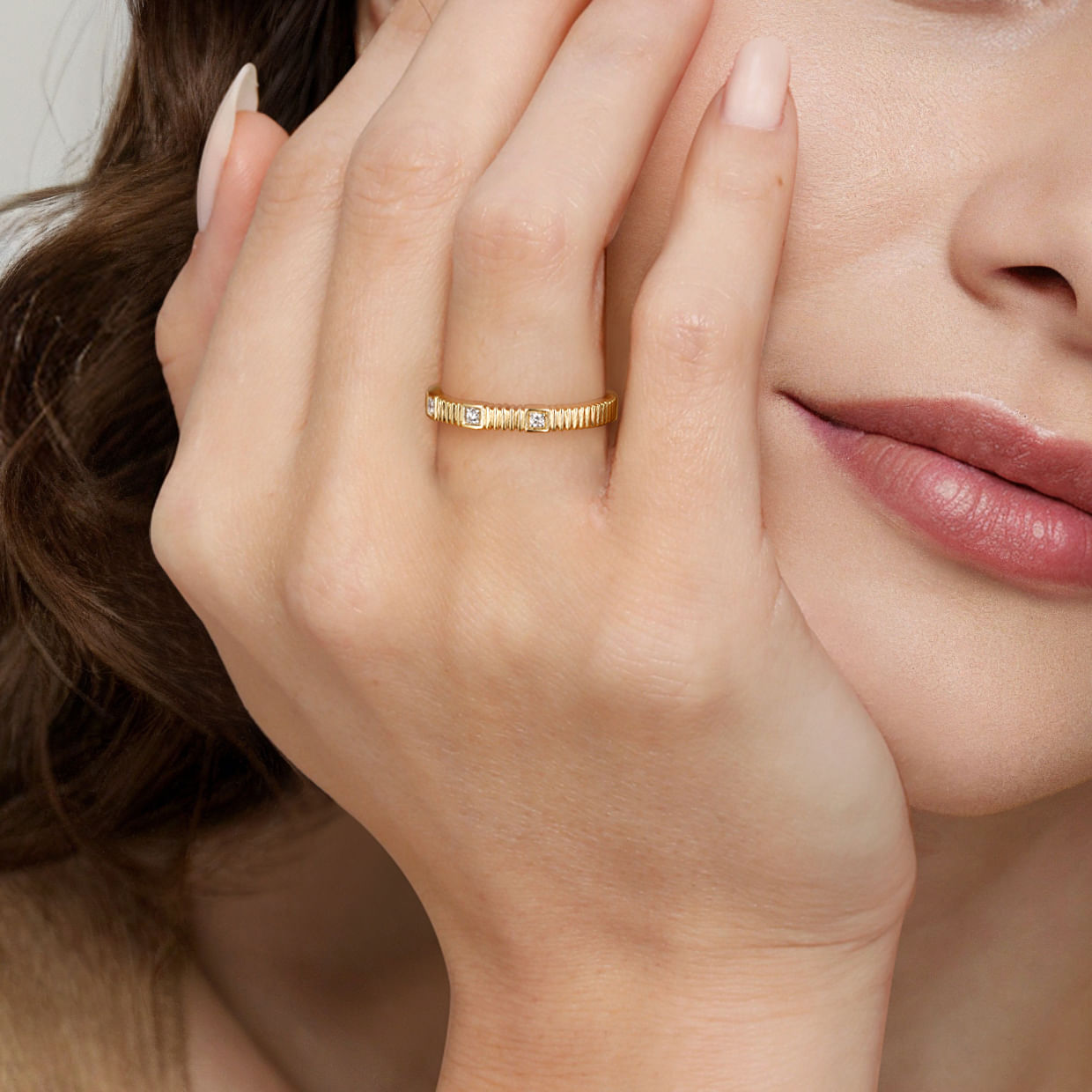 14K Yellow Gold Diamond Station With Diamond Cut Texture Stackable Band