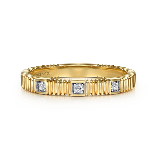 14K Yellow Gold Diamond Station With Diamond Cut Texture Stackable Band