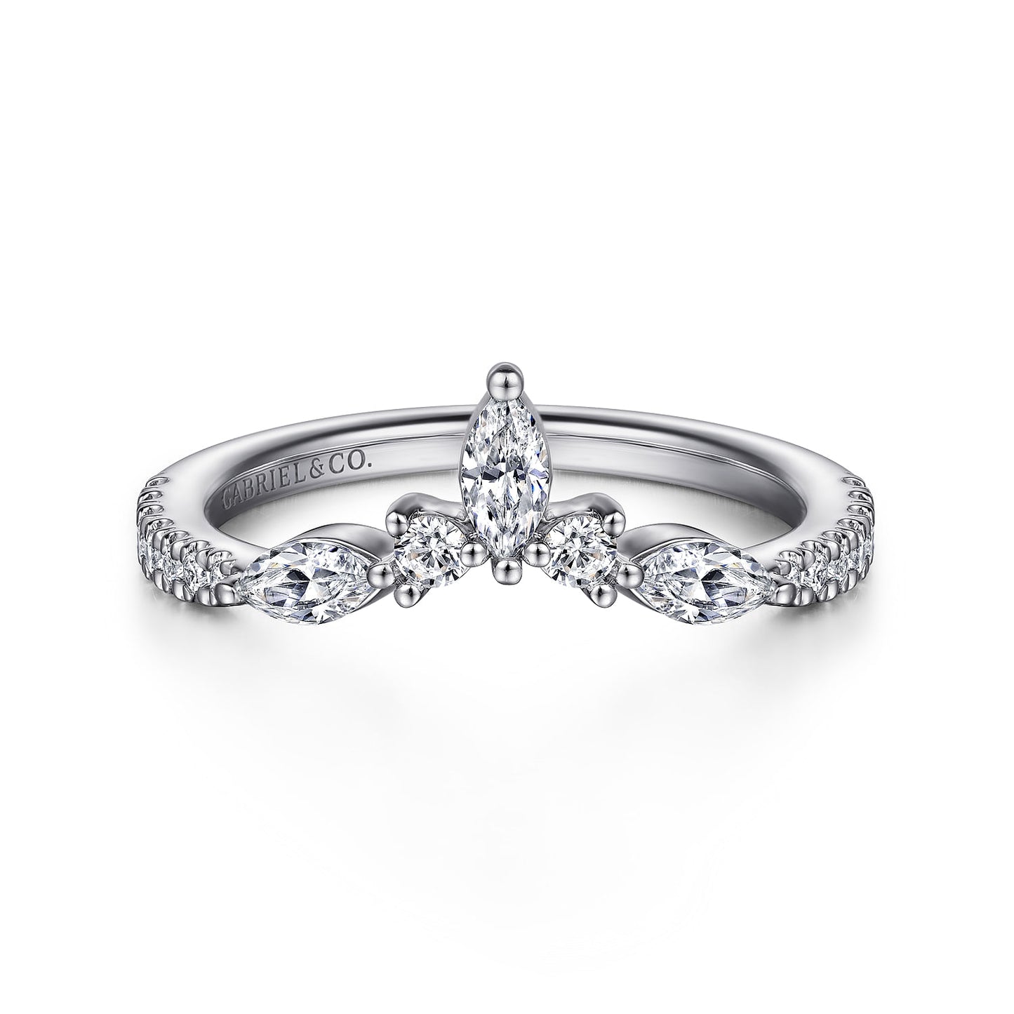 14K White Gold Curved Marquise & Round Diamond Anniversary Band