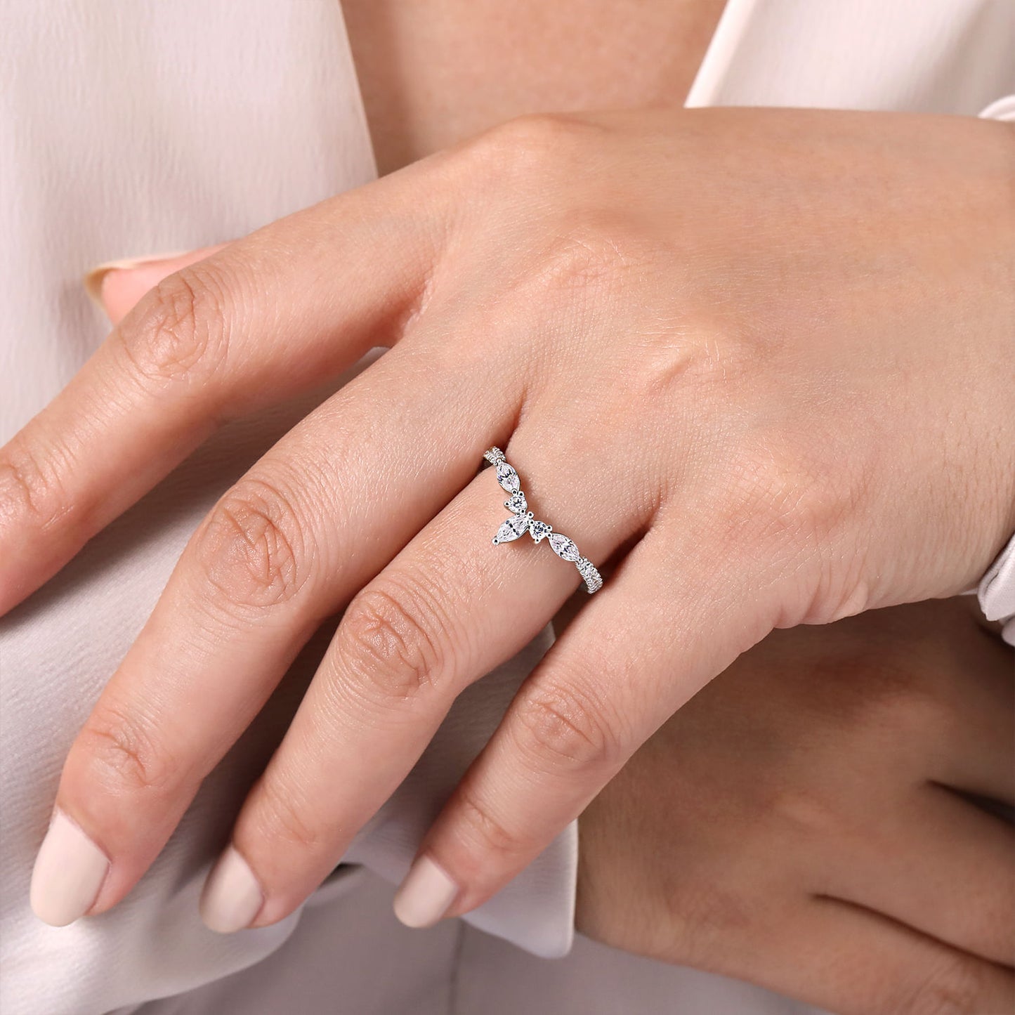 14K White Gold Curved Marquise & Round Diamond Anniversary Band