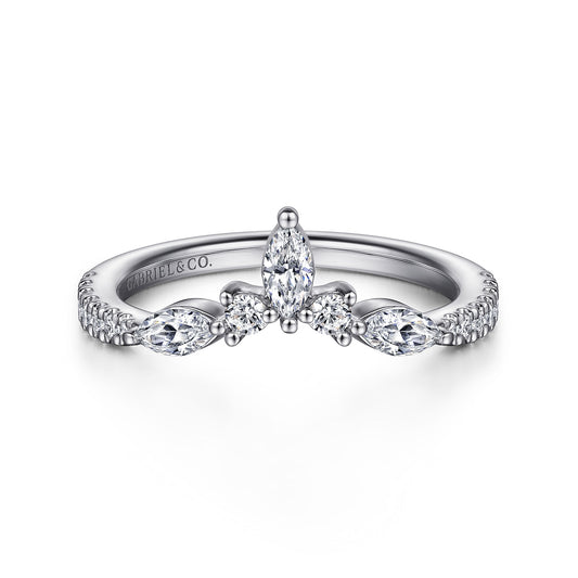 14K White Gold Curved Marquise & Round Diamond Anniversary Band