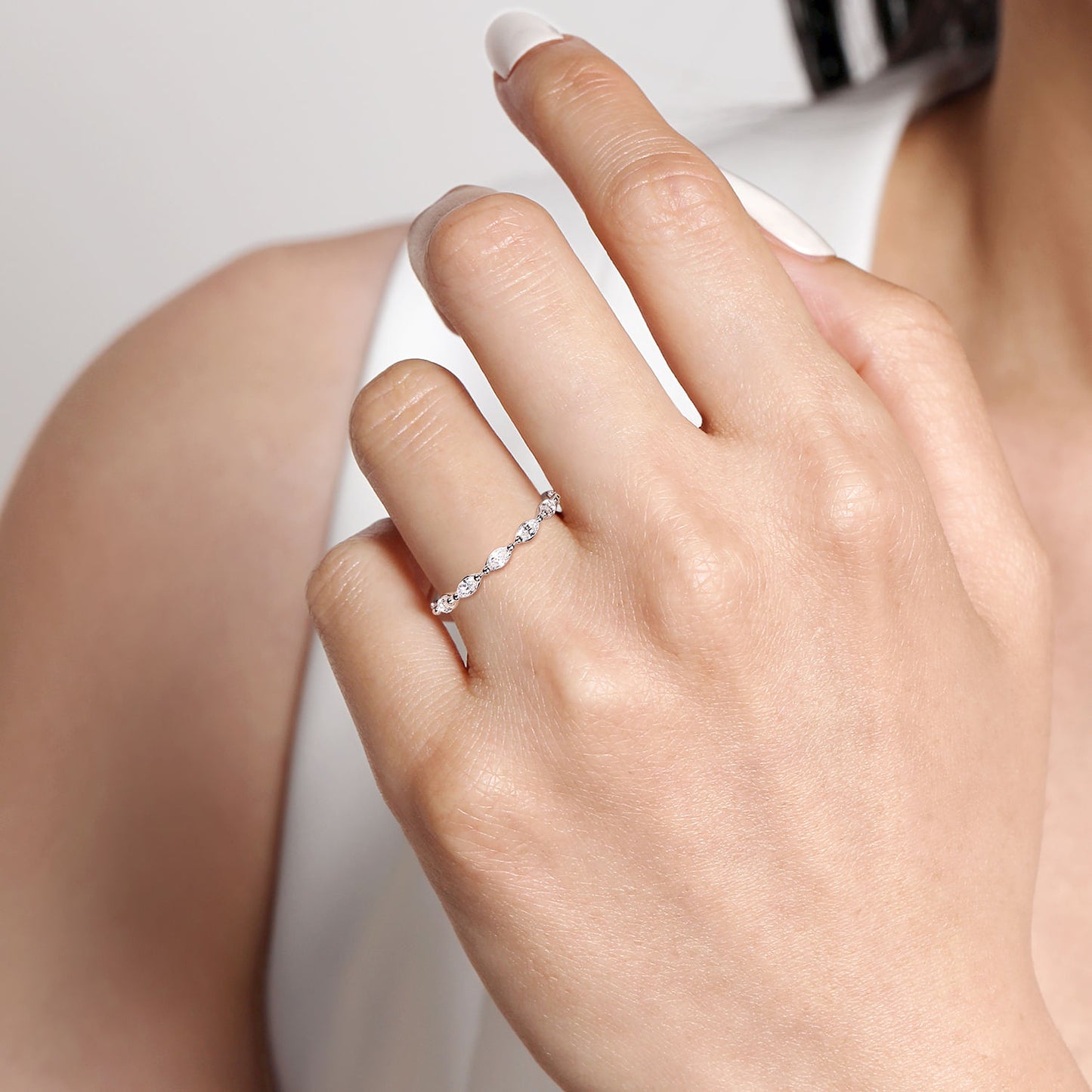 14K White Gold Horizontal Marquise Diamond Anniversary Band