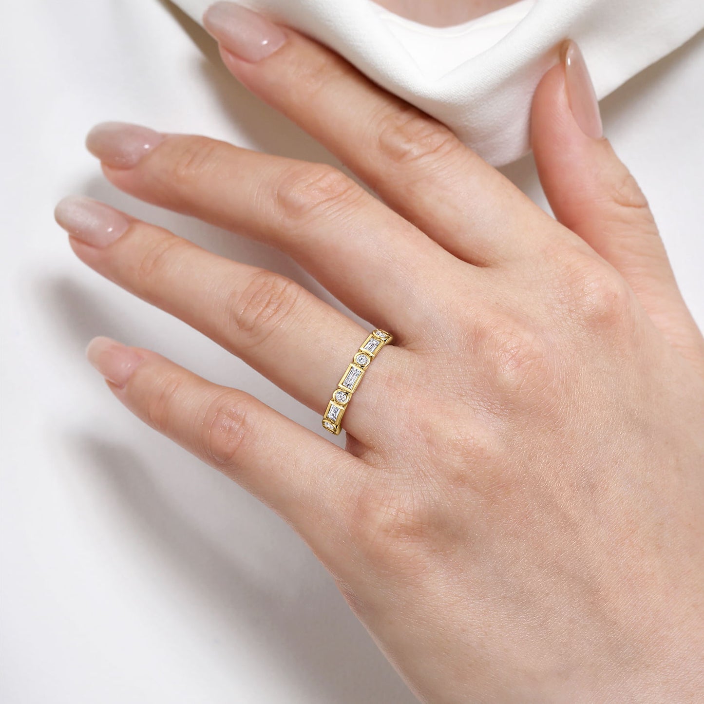 14K Bezel Set Baguette & Round Diamond Anniversary Band
