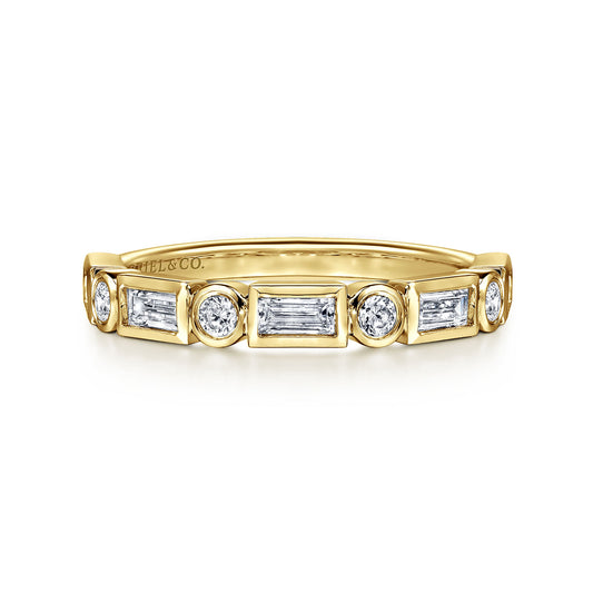 14K Bezel Set Baguette & Round Diamond Anniversary Band