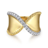 14K Yellow & White Bujukan & Diamond Wide Band "X" Ring