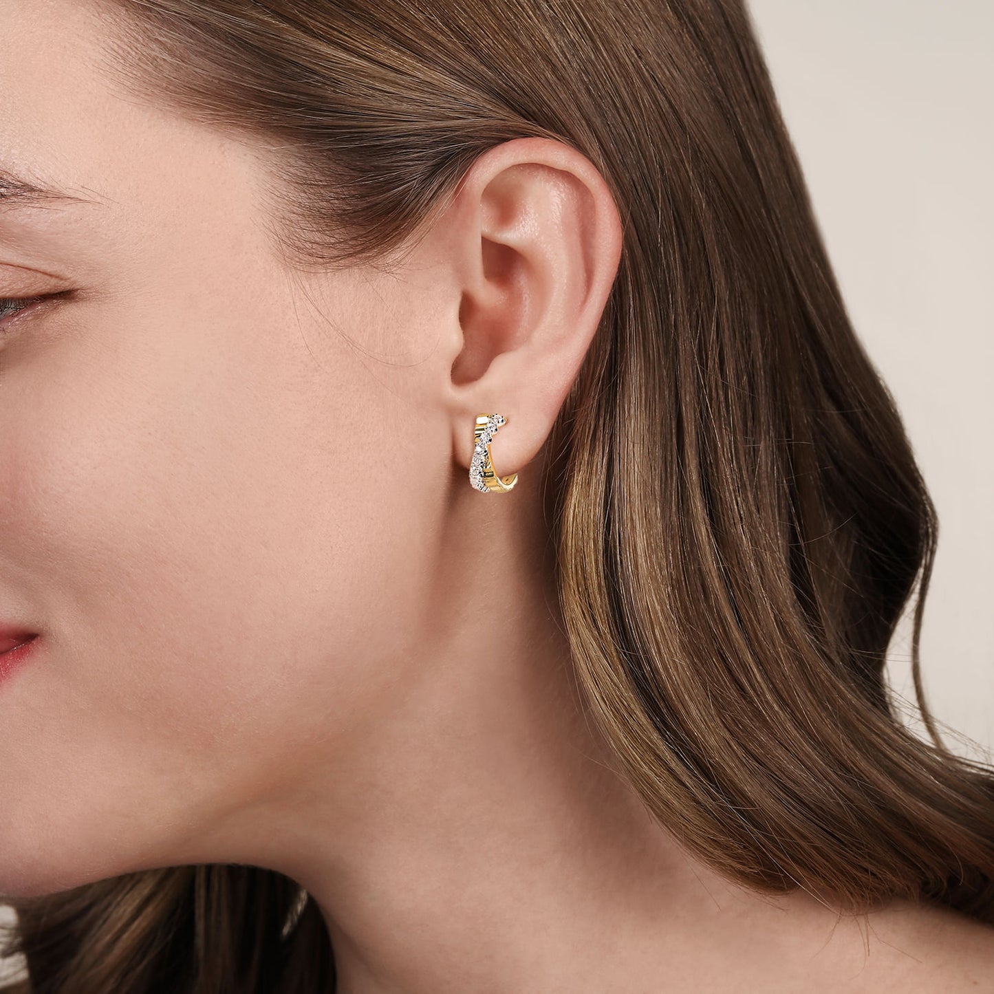 14K Yellow & White Gold Diamond J Hoop Stud Earrings With Diamond Cut Texture