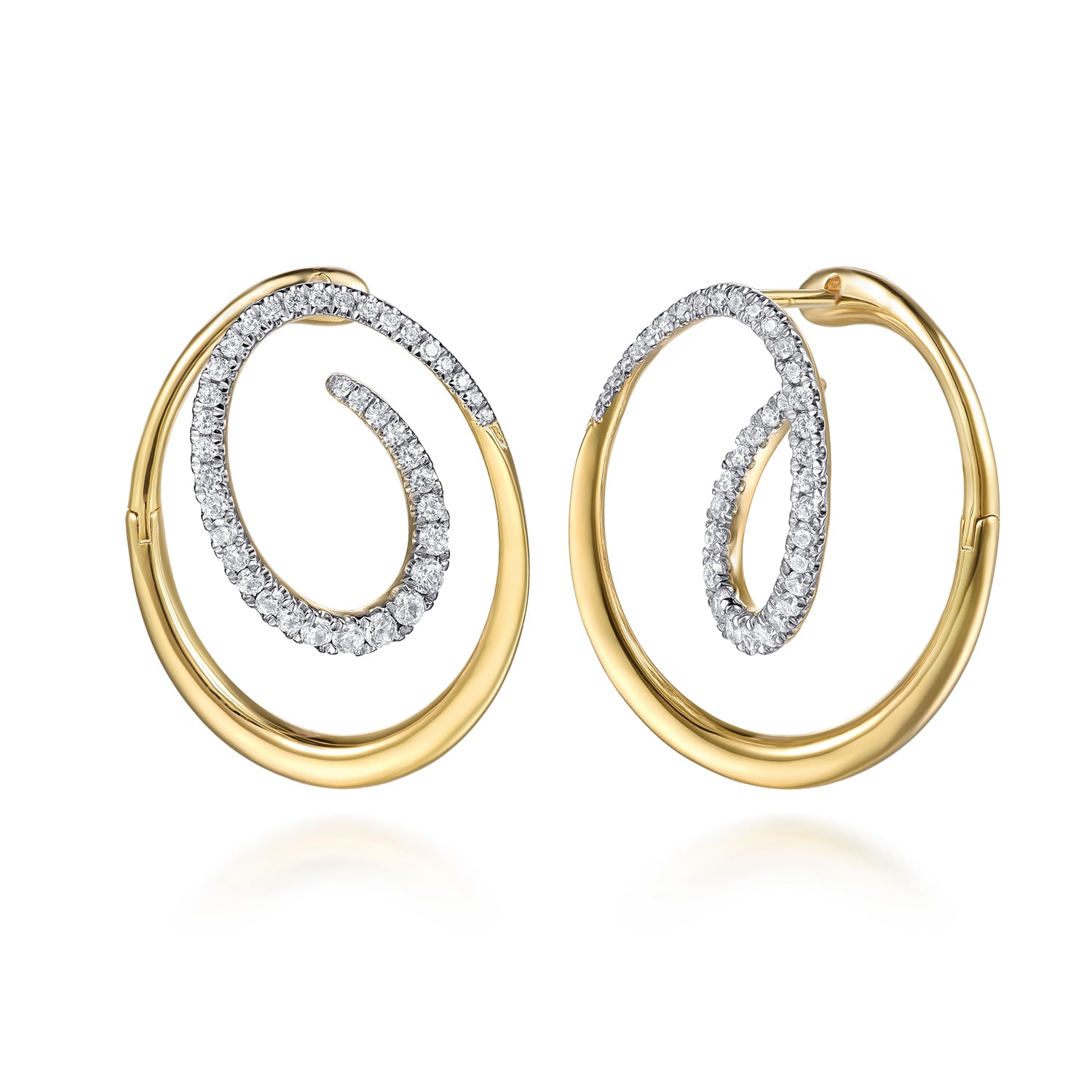 14K Yellow & White Gold Diamond Swirl Bypass Hoop Earrings