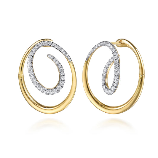 14K Yellow & White Gold Diamond Swirl Bypass Hoop Earrings
