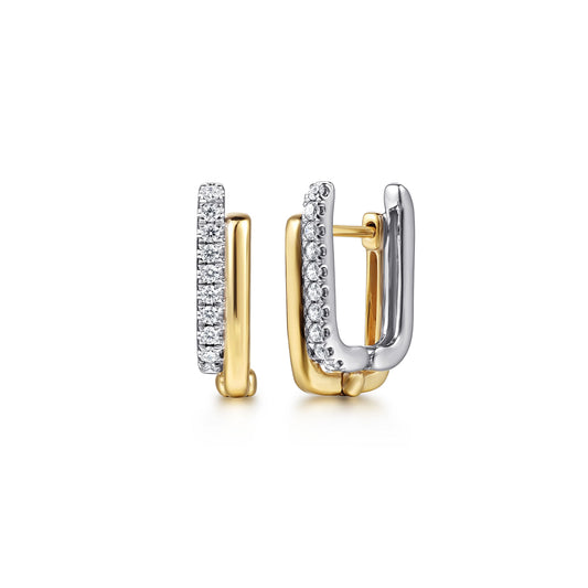 14K Yellow & White Gold Diamond Double Row Cushion Shaped Huggie Earrings