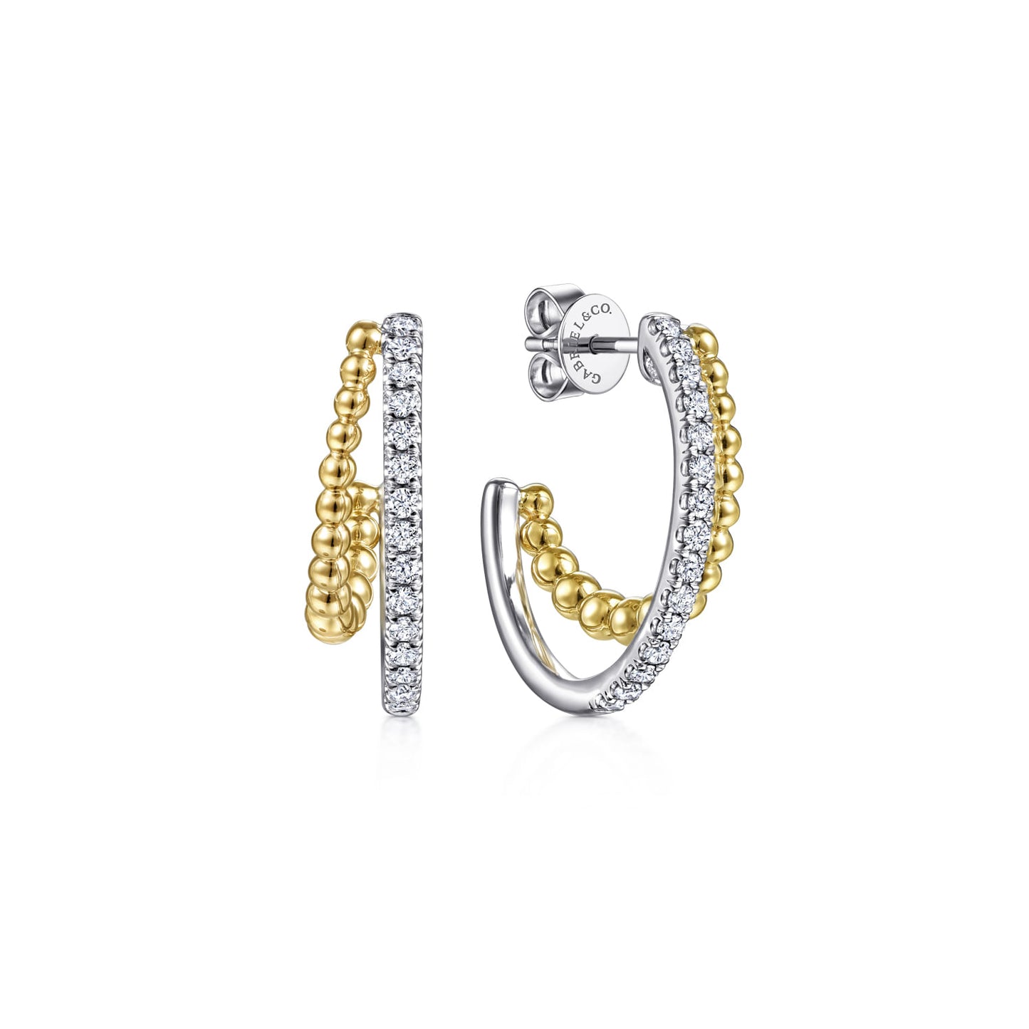 14K Yellow & White Gold Diamond & Bujukan Bead Double Row Classic Hoop Style Earrings