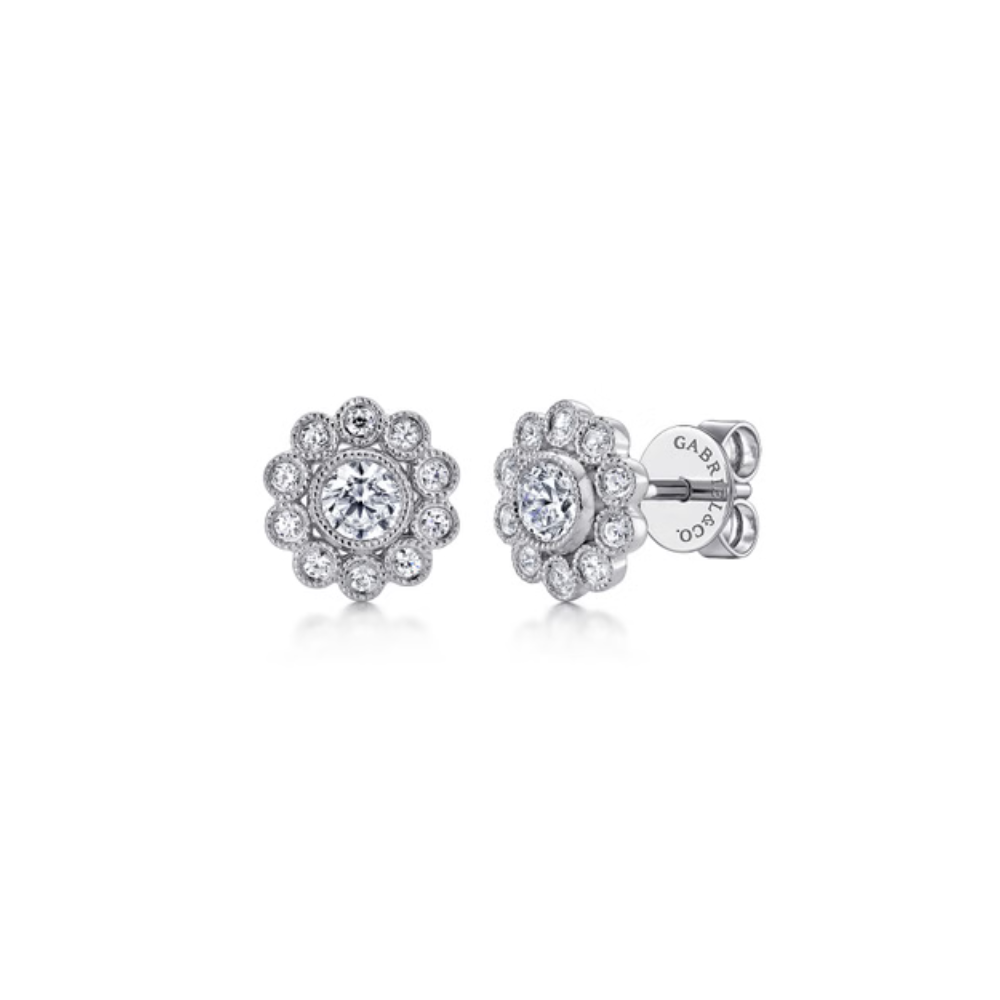 14K White Gold Diamond Flower Stud Earrings