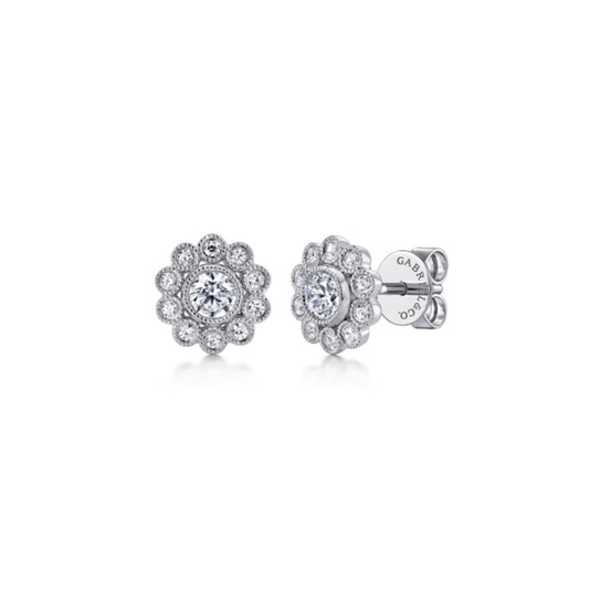 14K White Gold Diamond Flower Stud Earrings