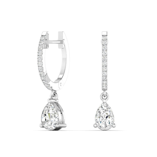 14K White Gold Lab Grown Diamond Pear Droplet Hoop Dangle Earrings