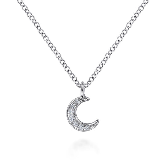 14K White Gold Pave Diamond Crescent Moon Pendant Necklace