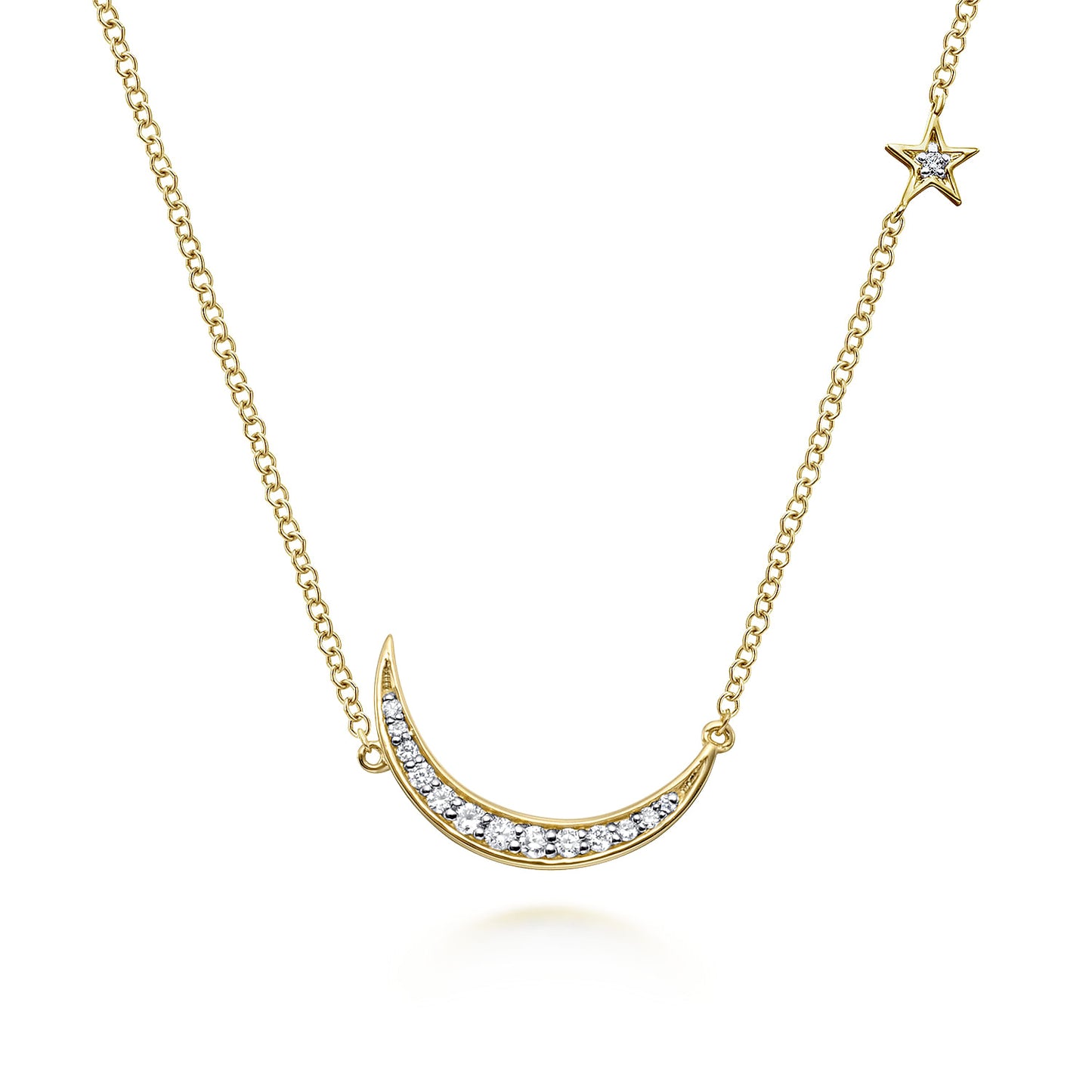 14K Yellow Gold Crescent Moond Diamond Pendant Necklace