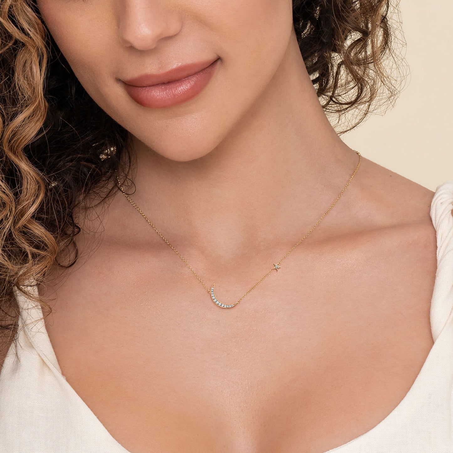 14K Yellow Gold Crescent Moond Diamond Pendant Necklace