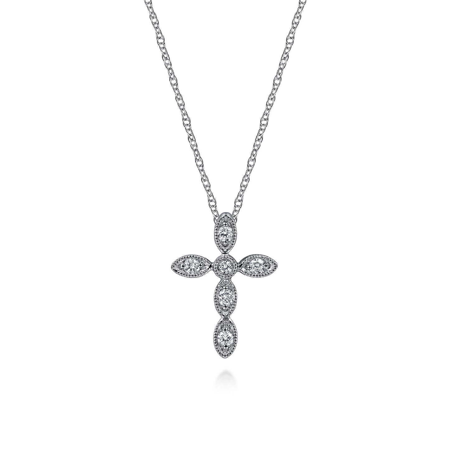 14K White Gold Marquise Shaped Station Diamond Cross Necklace