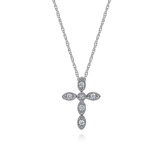 14K White Gold Marquise Shaped Station Diamond Cross Necklace
