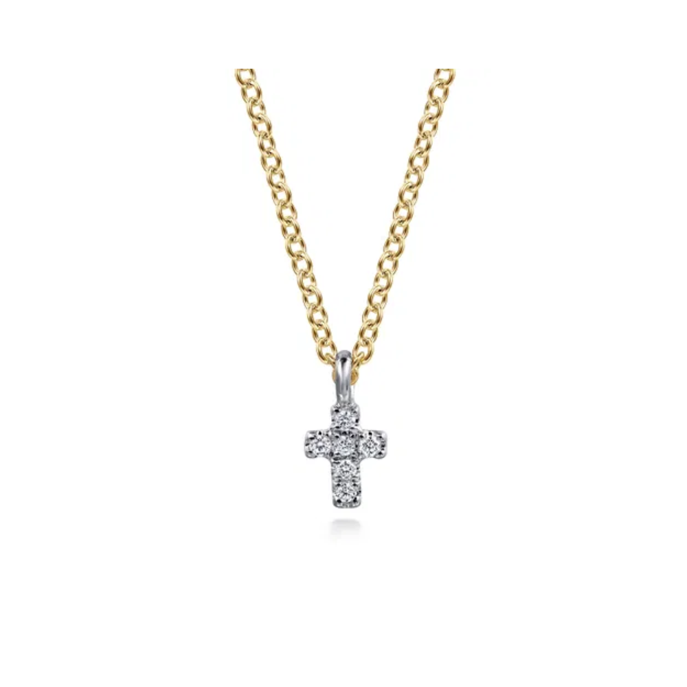 14K White & Yellow Gold Diamond Cross Pendant Necklace