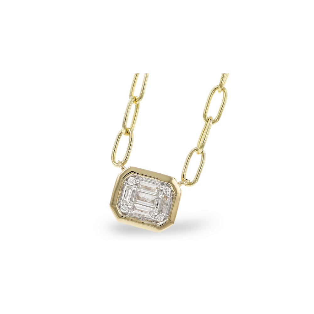 14K Baguette & Round Diamond Cluster Emerald Shaped Pendant Paperclip Necklace