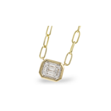 14K Baguette & Round Diamond Cluster Emerald Shaped Pendant Paperclip Necklace