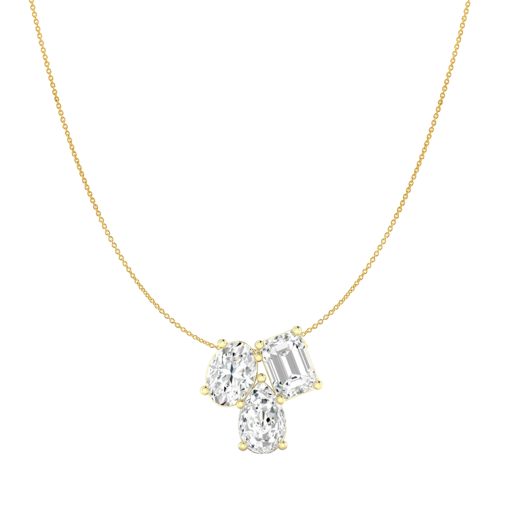 14K Yellow Gold Lab Grown Multi Shape Cluster Pendant Necklace