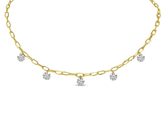 14k Yellow Gold Lightweight Link 5 Daimond Station Necklace