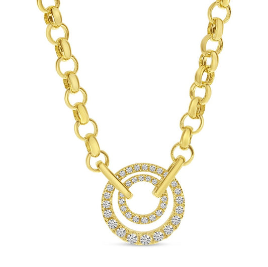 14K Double Diamond Circle Pendant & Large Rolo Chain Necklace