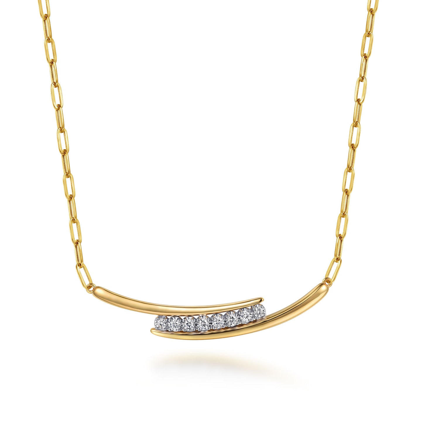 14K Yellow & White Gold Diamond Bar Necklace With Hollow Paperclip Chain