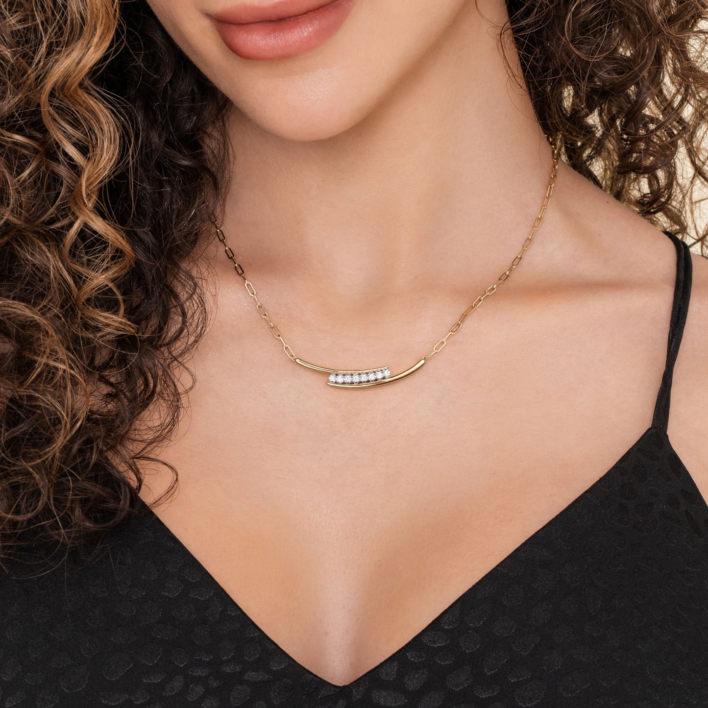 14K Yellow & White Gold Diamond Bar Necklace With Hollow Paperclip Chain