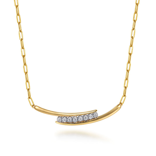 14K Yellow & White Gold Diamond Bar Necklace With Hollow Paperclip Chain