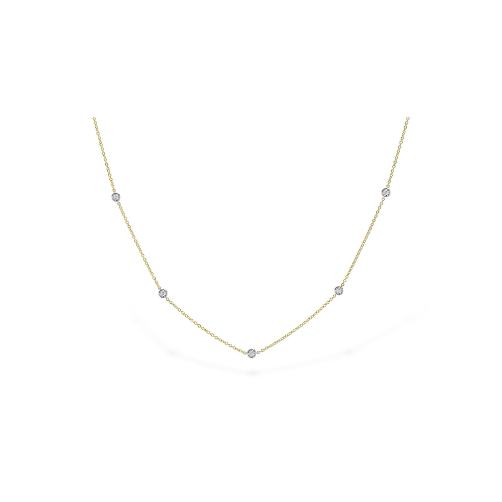 14K Two Tonned Yellow and White Gold Diamond Bezel Station Necklace