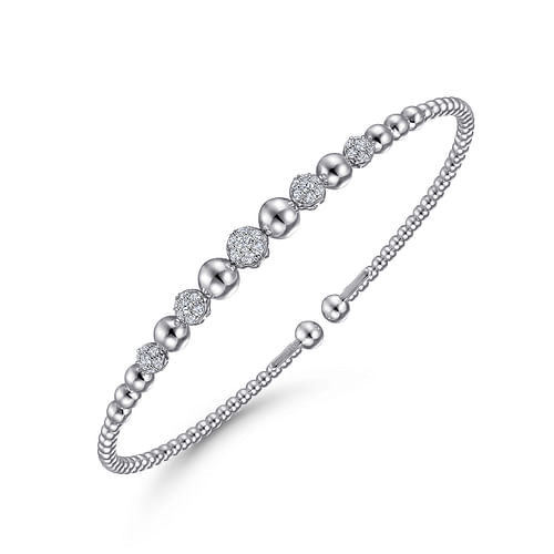 14K White Gold Bujukan Bead Cuff Bracelet With Pave Diamond Stations
