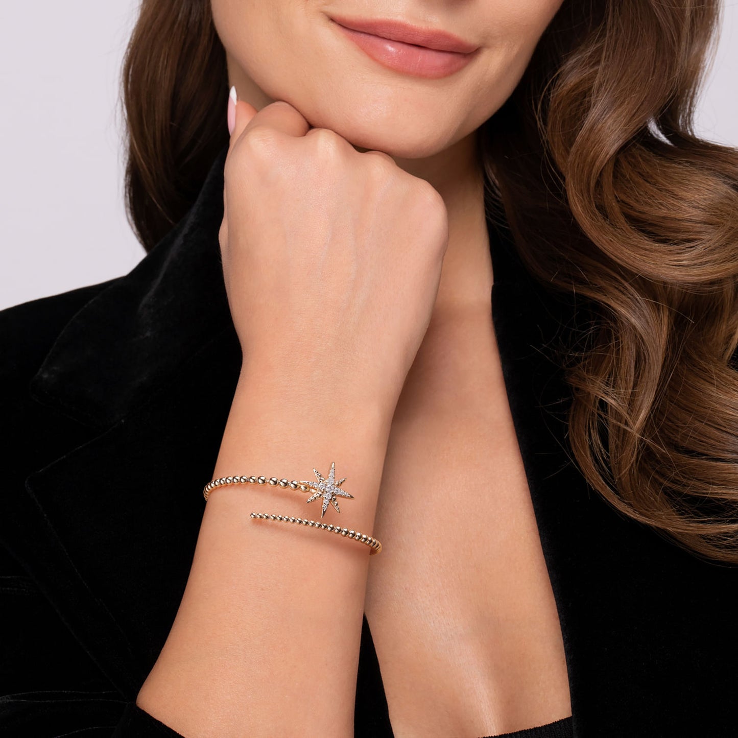 14K Yellow Gold Bujukan & Diamond Starburst Bypass Bangle Bracelet