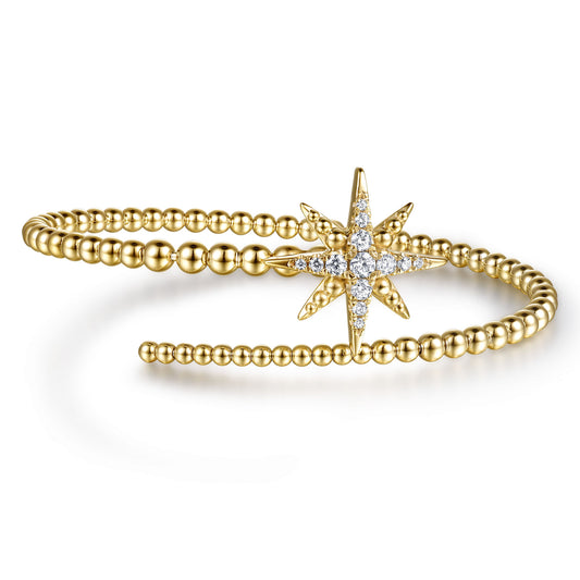 14K Yellow Gold Bujukan & Diamond Starburst Bypass Bangle Bracelet