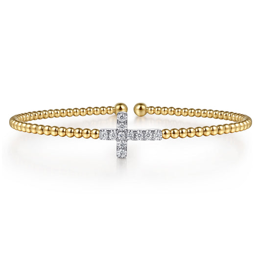 14K Yellow & White Gold Bujukan Diamond Cross Split Bangle Bracelet