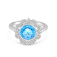 14K White Gold Blue Topaz & Diamond Filigree Halo Style Ring