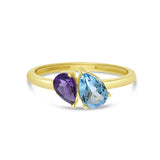 14K Yellow Gold Double Pear Amethyst and Blue Topaz Duo Ring