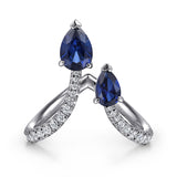 14k White Gold Blue Sapphire And Diamond Chevron Ring