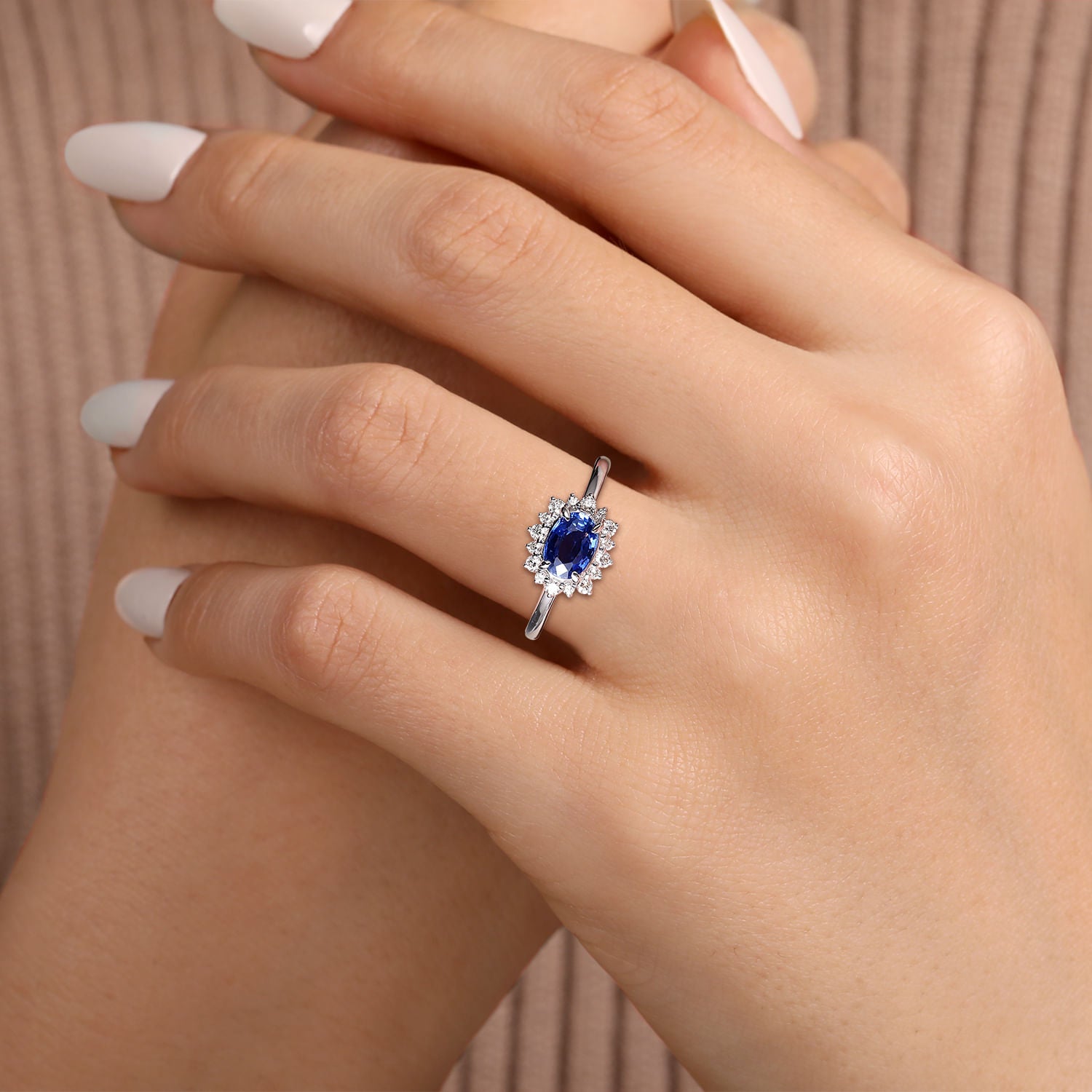 14K White Gold Oval Sapphire & Diamond Halo Ring