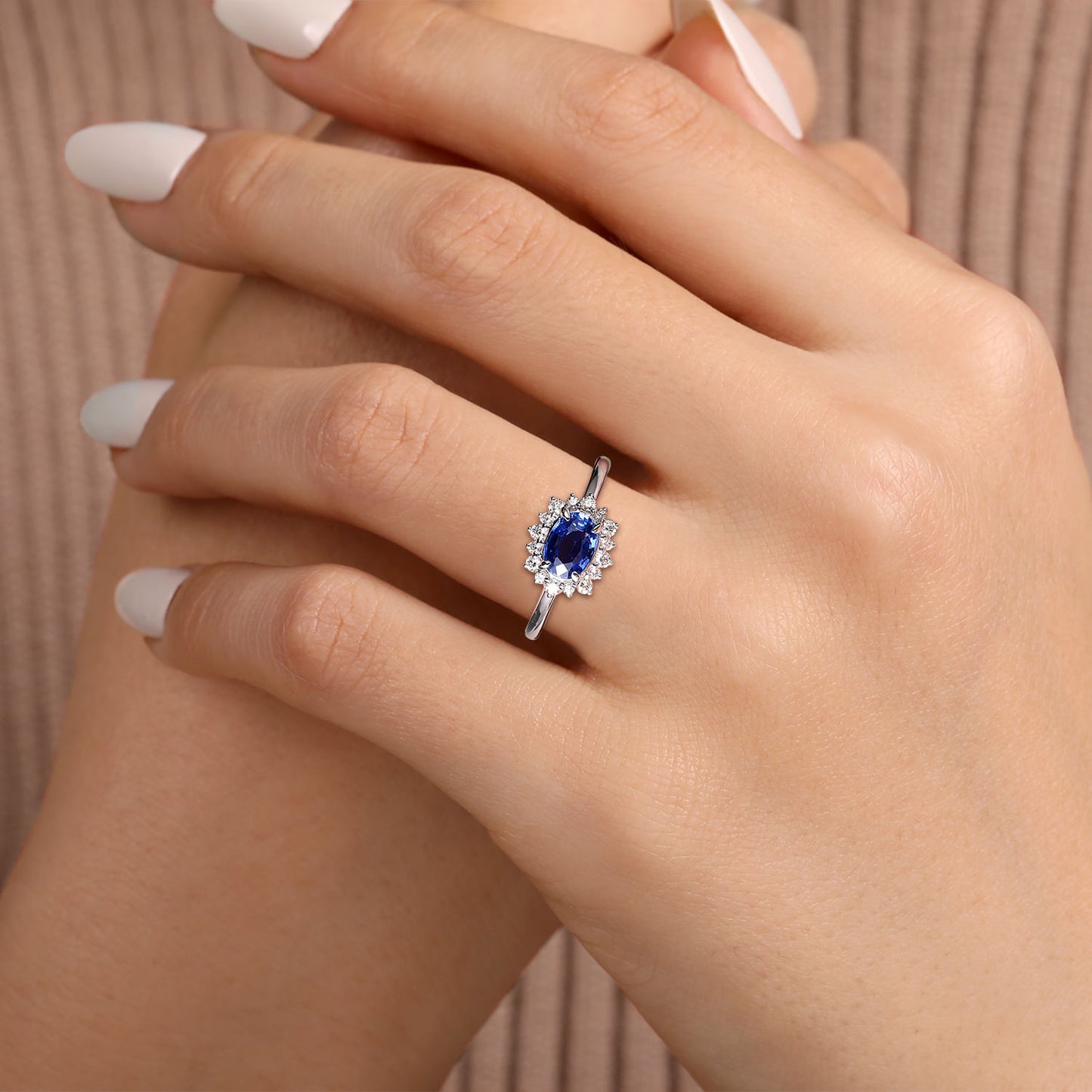 14K White Gold Oval Sapphire & Diamond Halo Ring