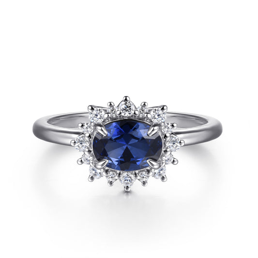 14K White Gold Oval Sapphire & Diamond Halo Ring