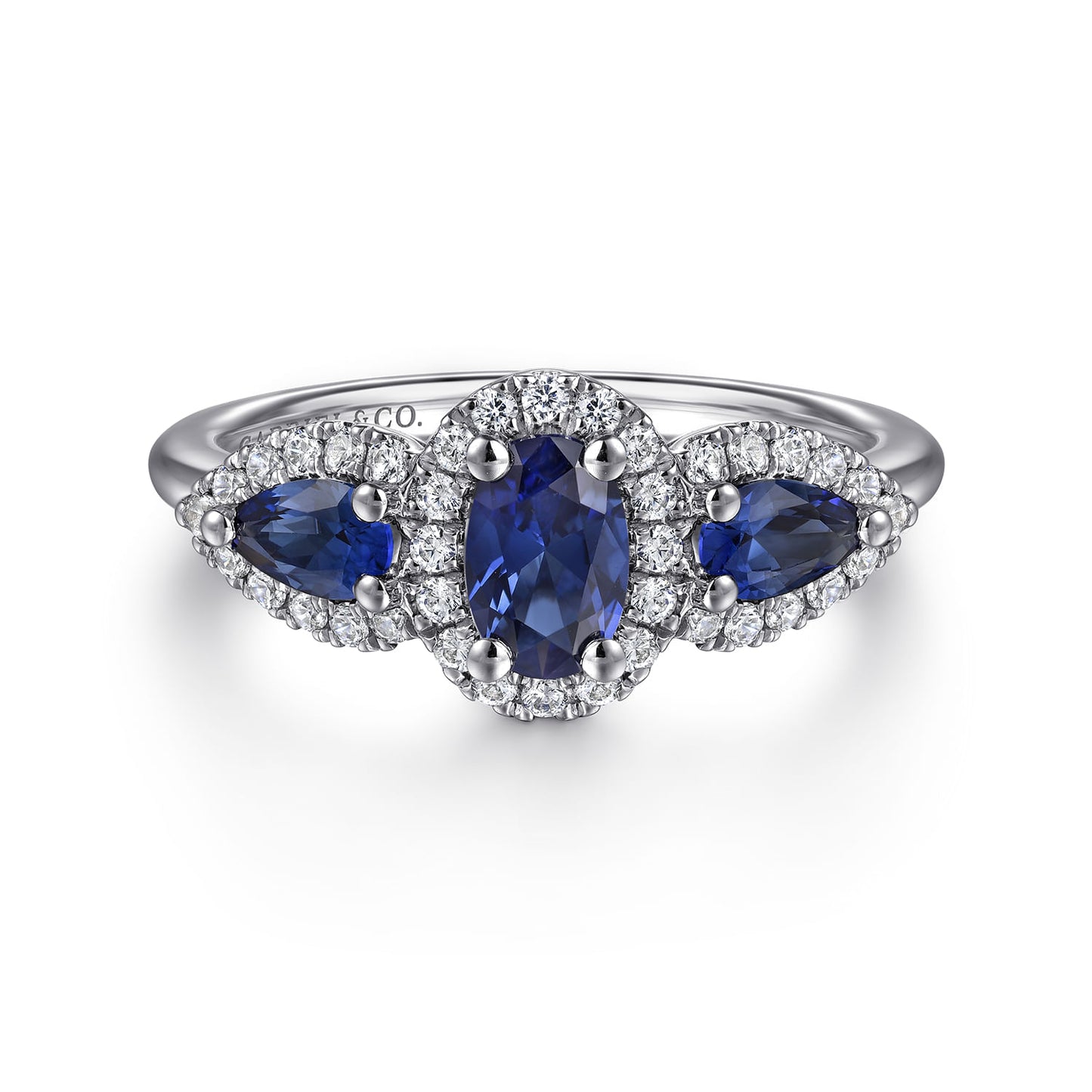 14K White Gold Sapphire Three Stone & Diamond Halo Ring
