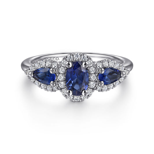 14K White Gold Sapphire Three Stone & Diamond Halo Ring