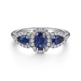 14K White Gold Sapphire Three Stone & Diamond Halo Ring
